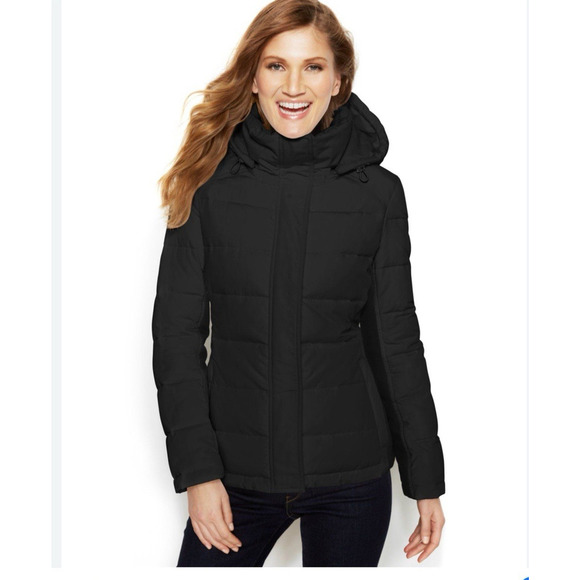 Calvin Klein Black Down Puffer Coat Hooded Large Black Leopard Print Lining Warm - Picture 1 of 13